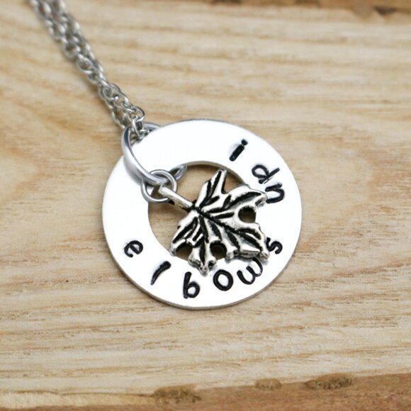Elbows Up! Maple Leaf Hand Stamped Pendant Necklace - Handmade & Hypoallergenic - Picture 2 of 13